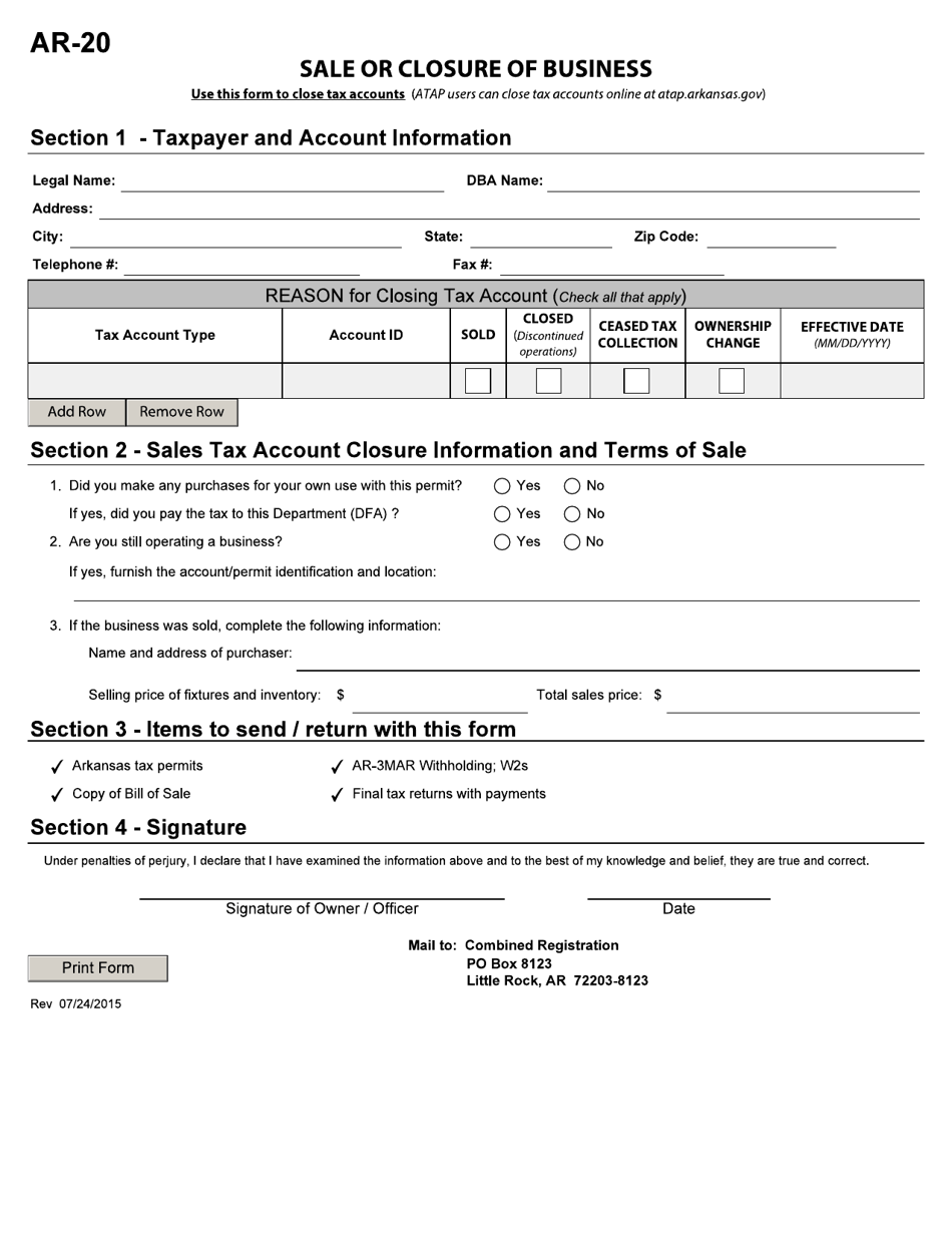 Form AR-20 Sale or Closure of Business - Arkansas, Page 1