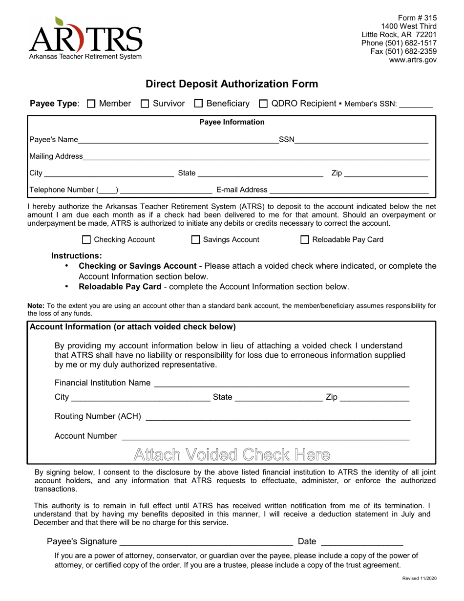 Form 315 Direct Deposit Authorization Form - Arkansas, Page 1