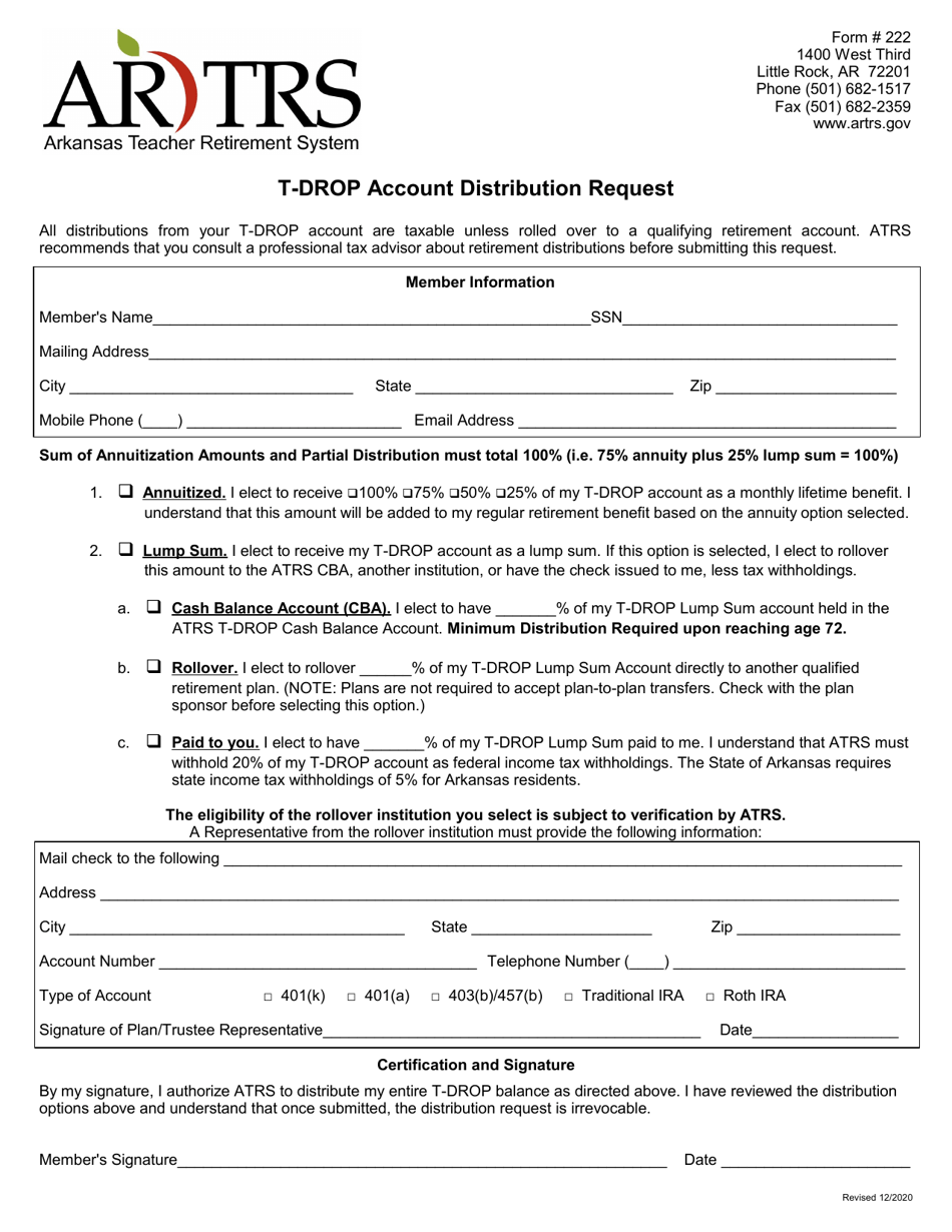 Form 222 T-Drop Account Distribution Request - Arkansas, Page 1