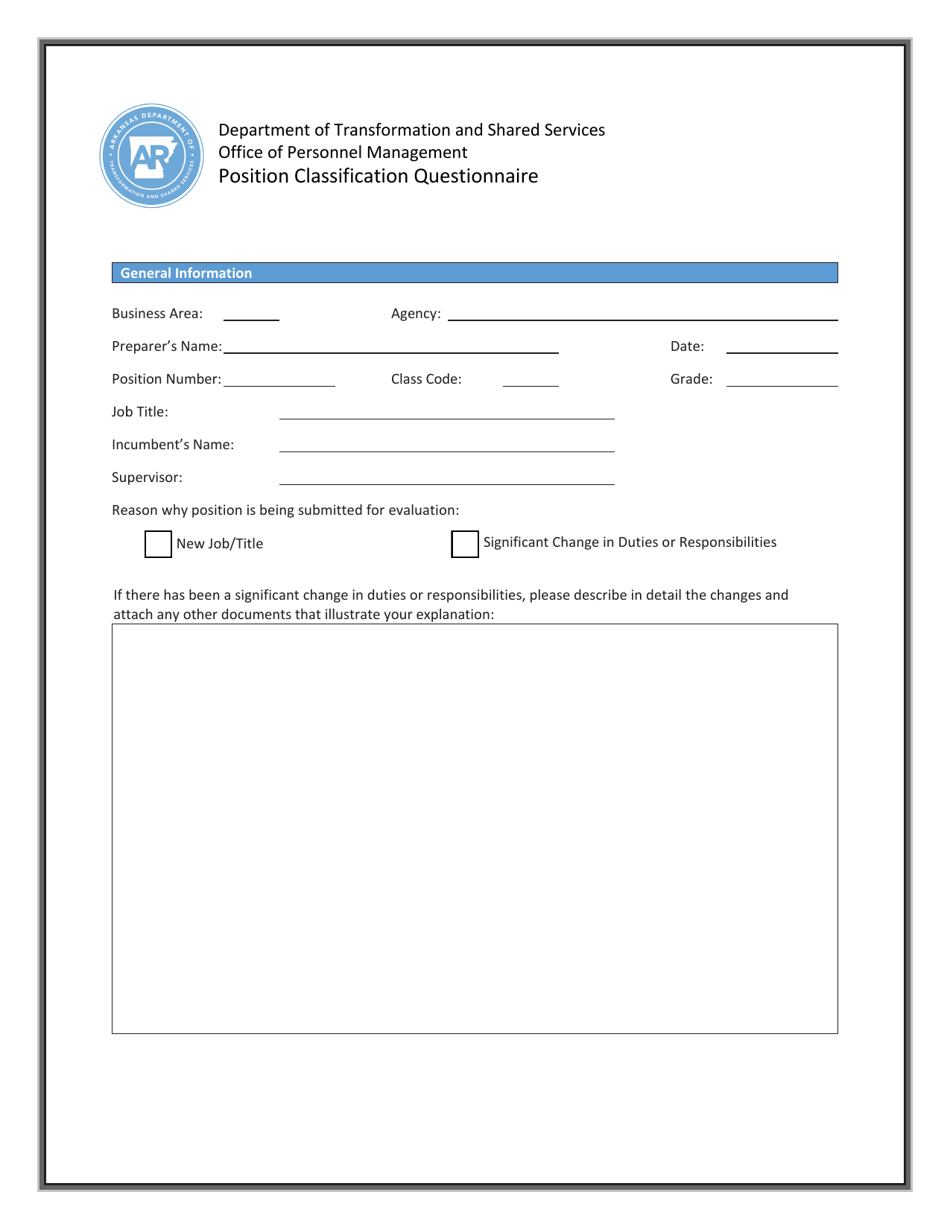 Arkansas Position Classification Questionnaire Download Fillable PDF Templateroller