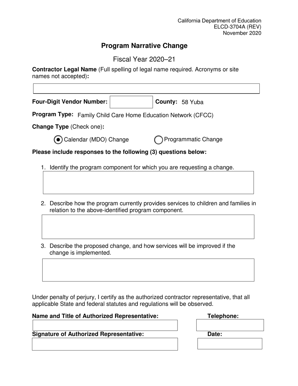 Form ELCD-3704A Program Narrative Change - California, Page 1