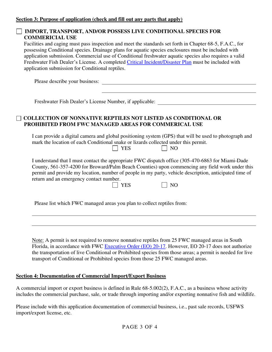 Permit Application Commercial Use of Nonnative / Conditional Species Conditional / Prohibited / Nonnative Species Permit - Florida, Page 3