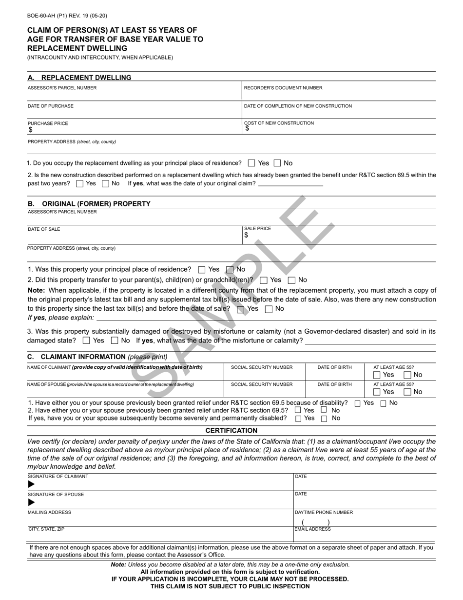 Form BOE-60-AH Claim of Person(s) at Least 55 Years of Age for Transfer of Base Year Value to Replacement Dwelling - California, Page 1