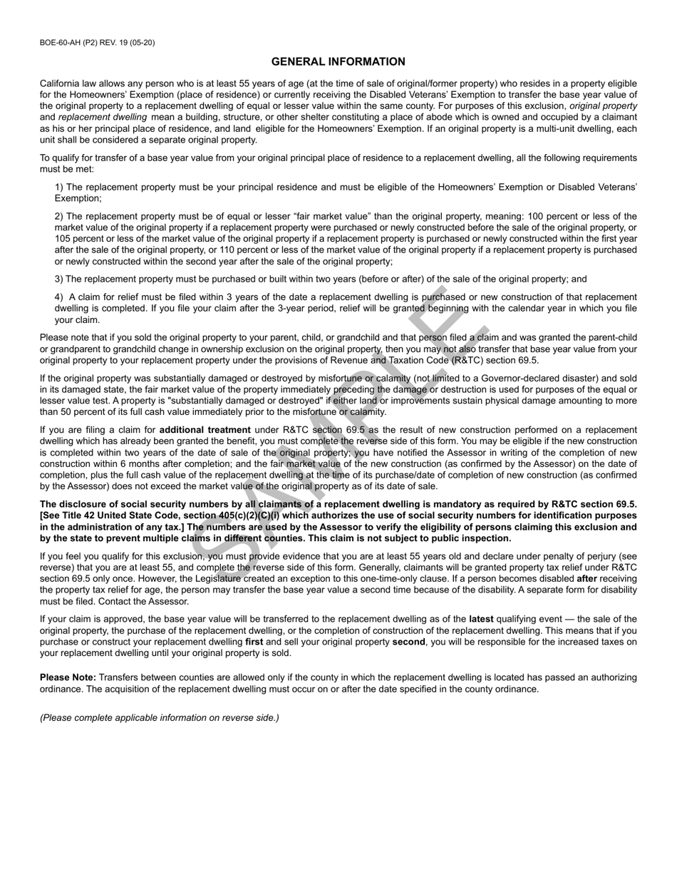 Form BOE-60-AH Claim of Person(s) at Least 55 Years of Age for Transfer of Base Year Value to Replacement Dwelling - California, Page 2