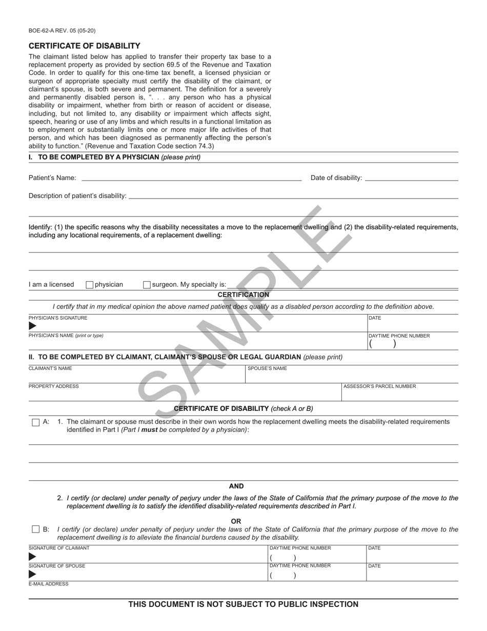 Form BOE-62-A Certificate of Disability - Sample - California, Page 1