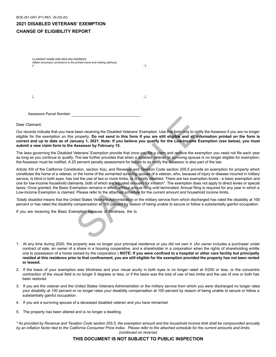 Form BOE-261-GNT Disabled Veterans Exemption Change of Eligibility Report - California, Page 1