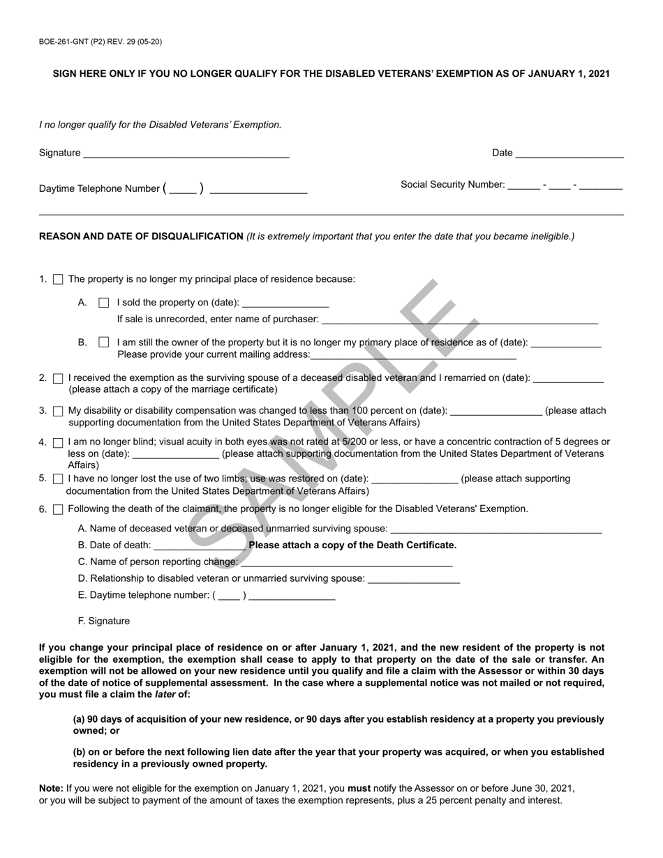 Form BOE-261-GNT Disabled Veterans Exemption Change of Eligibility Report - California, Page 2