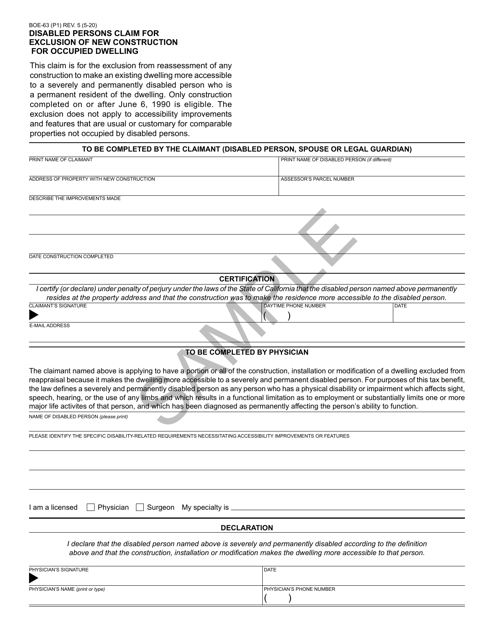 Form BOE-63 Disabled Persons Claim for Exclusion of New Construction for Occupied Dwelling - Sample - California