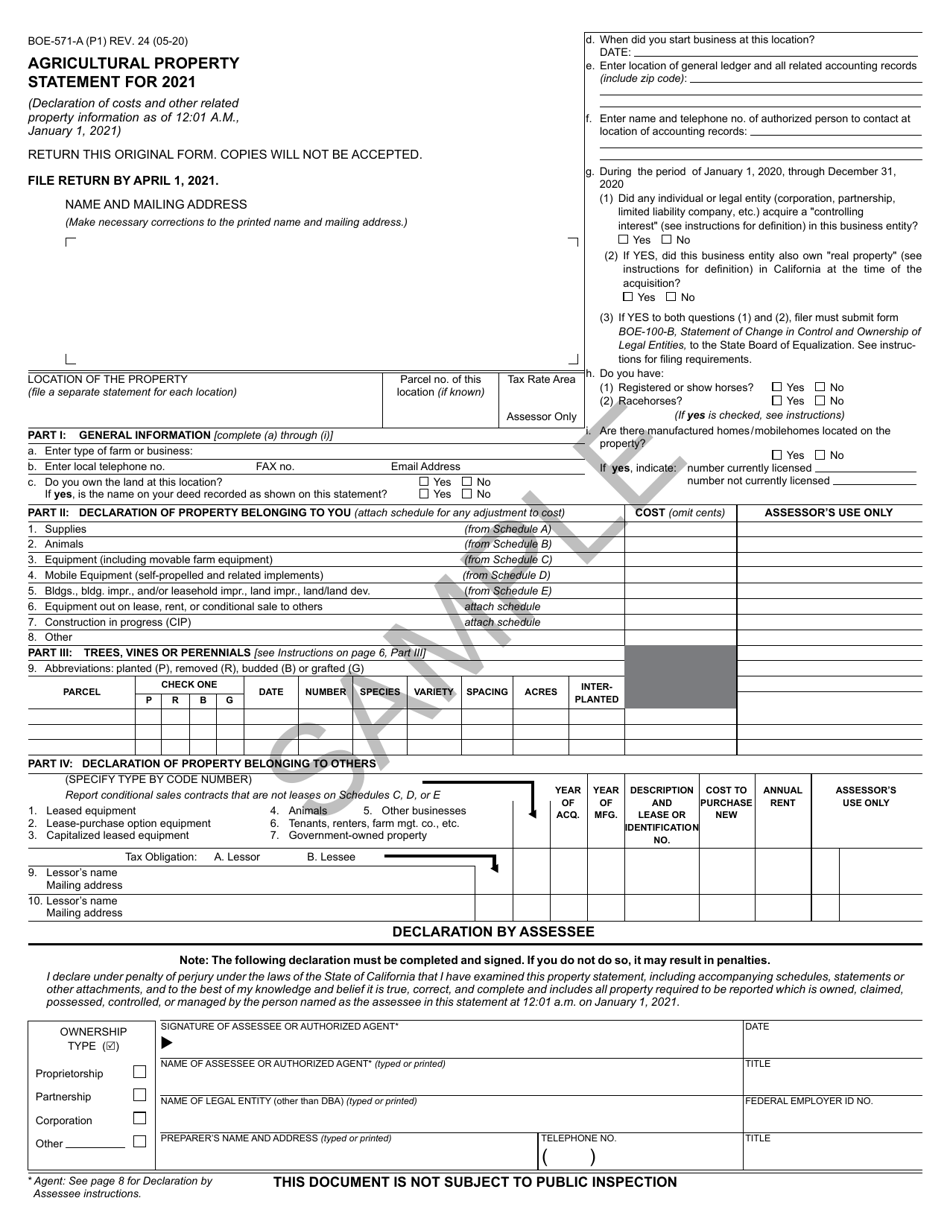 Form BOE-571-A Agricultural Property Statement - California, Page 1