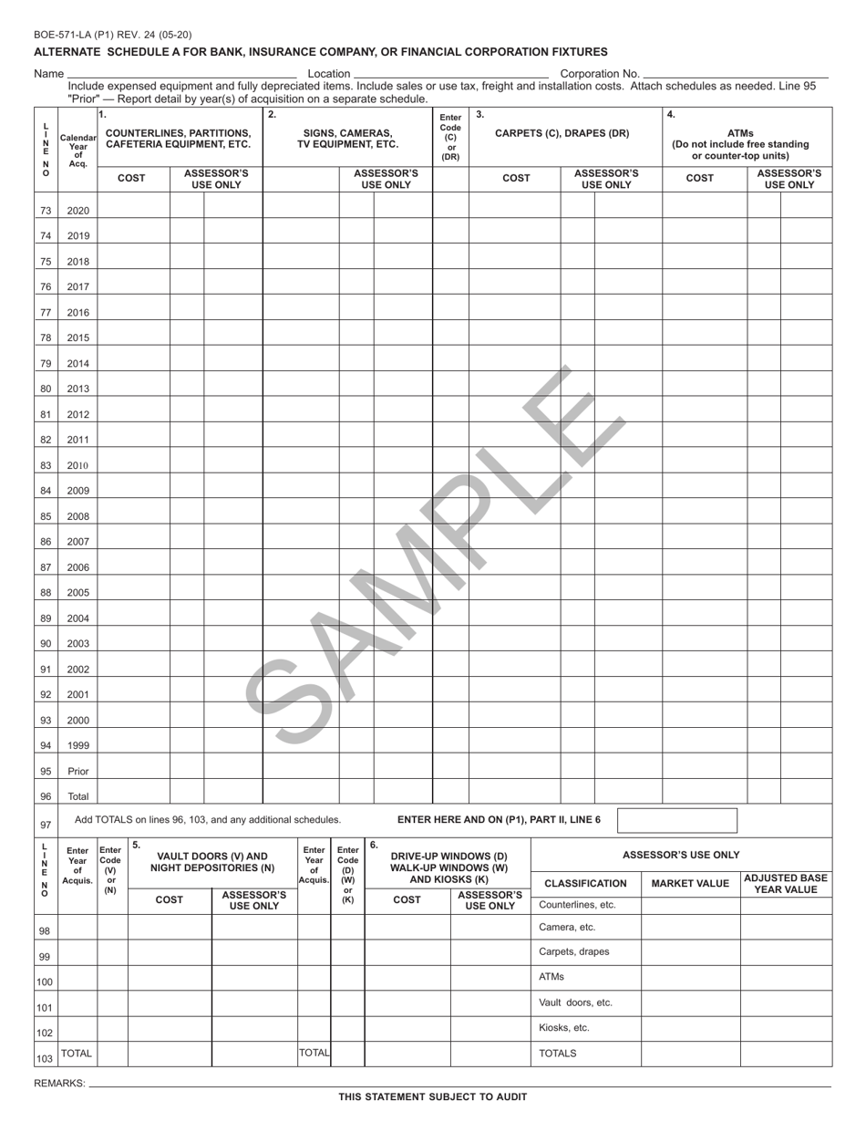 Form BOE-571-LA Schedule A Alternate Schedule for Bank, Insurance Company, or Financial Corporation Fixtures - California, Page 1