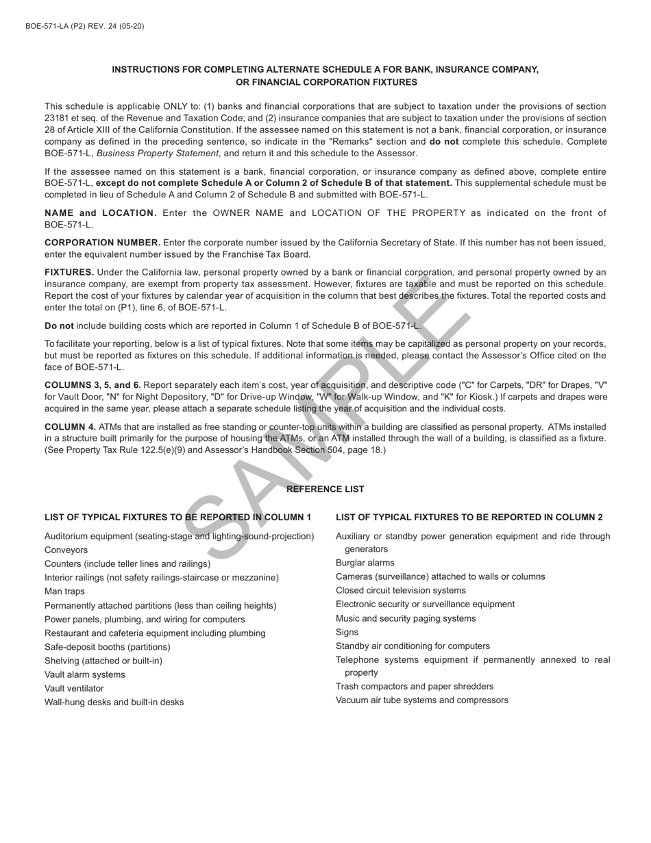 Form BOE-571-LA Schedule A Alternate Schedule for Bank, Insurance Company, or Financial Corporation Fixtures - California, Page 2