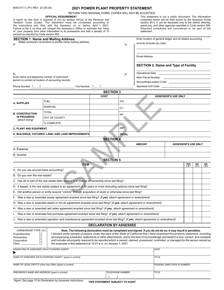 Form BOE-571-C Power Plant Property Statement - California, Page 1