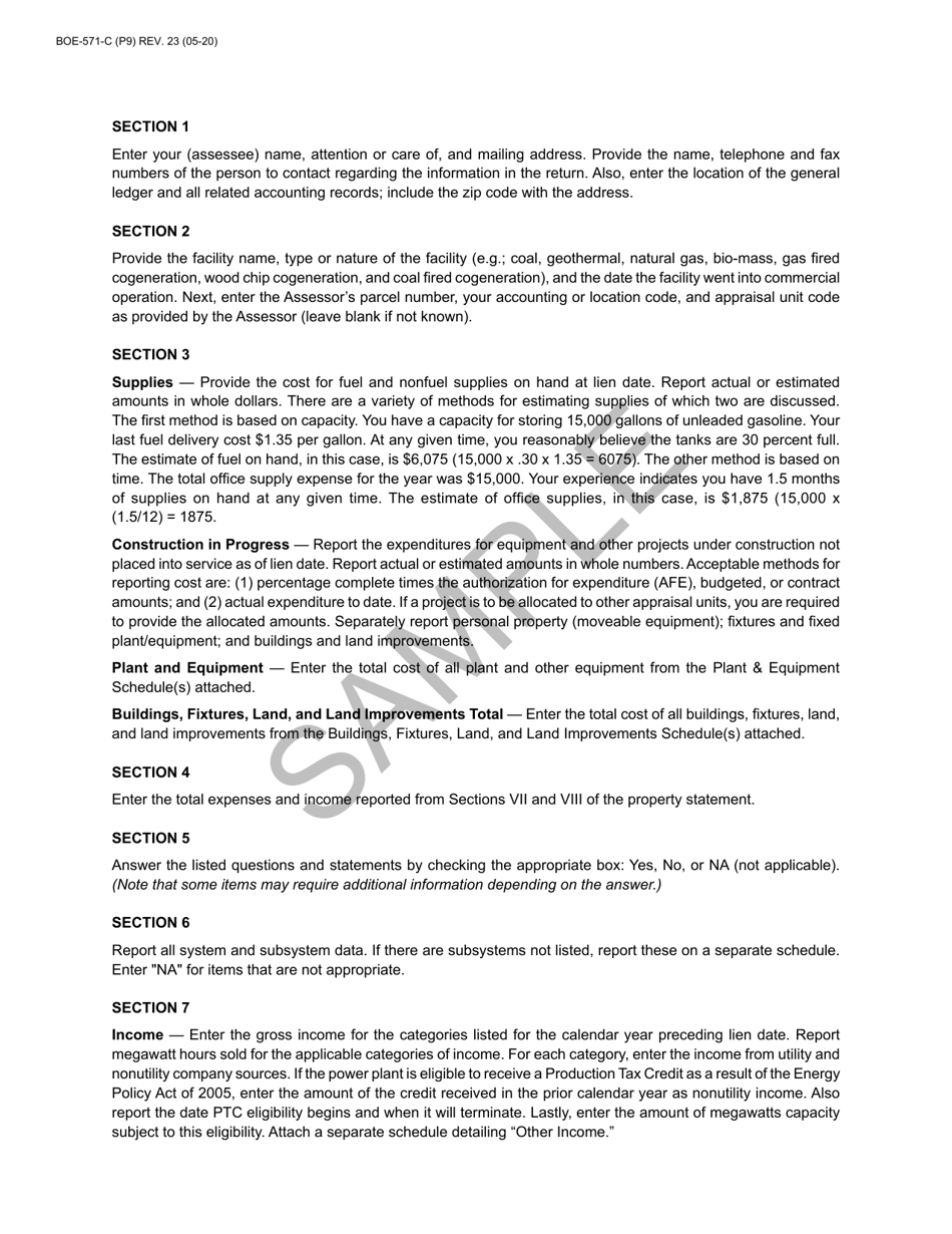 Form BOE-571-C Power Plant Property Statement - California, Page 9