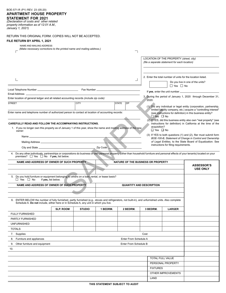 Form BOE-571-R Apartment House Property Statement - Sample - California, Page 1