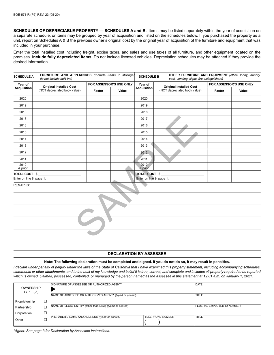 Form BOE-571-R Apartment House Property Statement - Sample - California, Page 2
