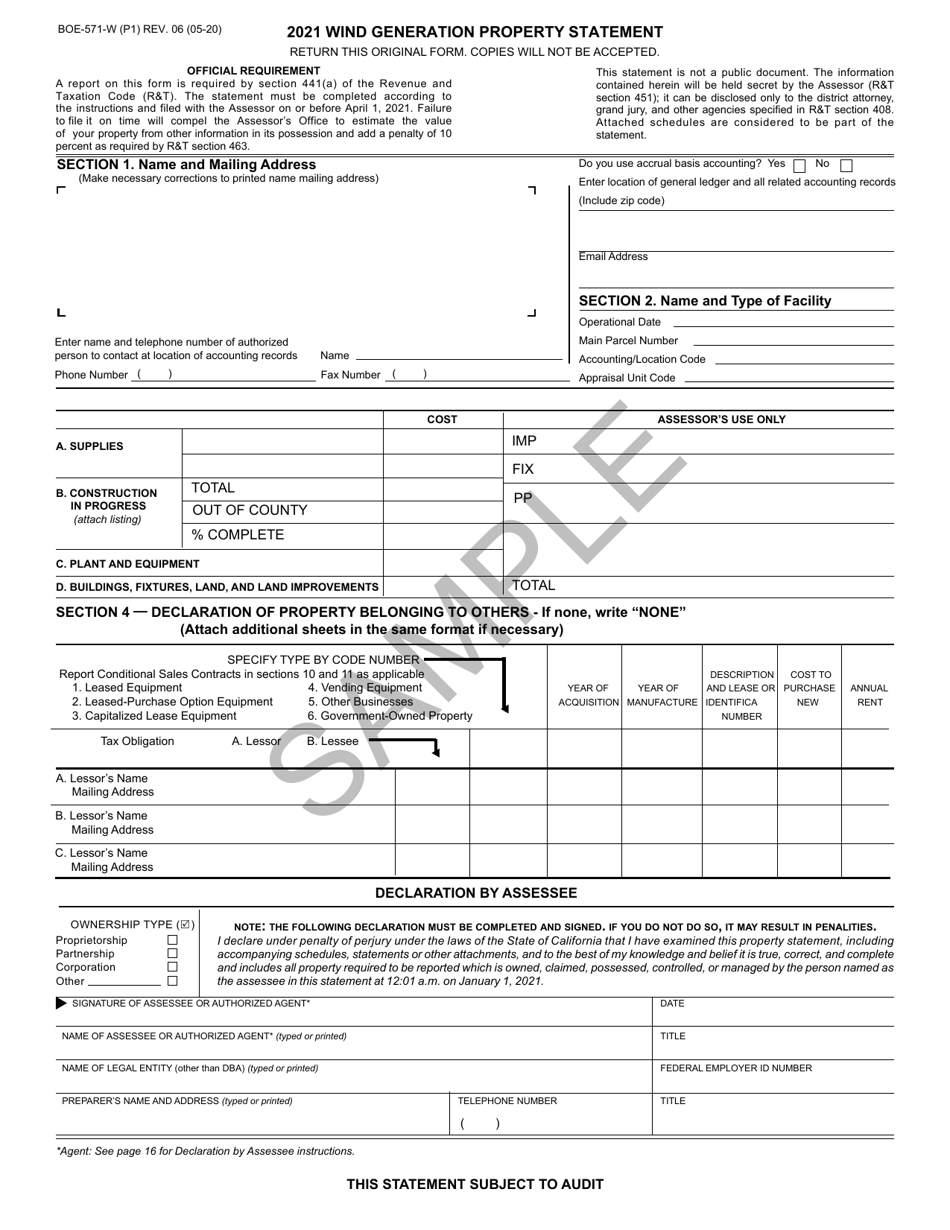 Form BOE-571-W Wind Generation Property Statement - Sample - California, Page 1