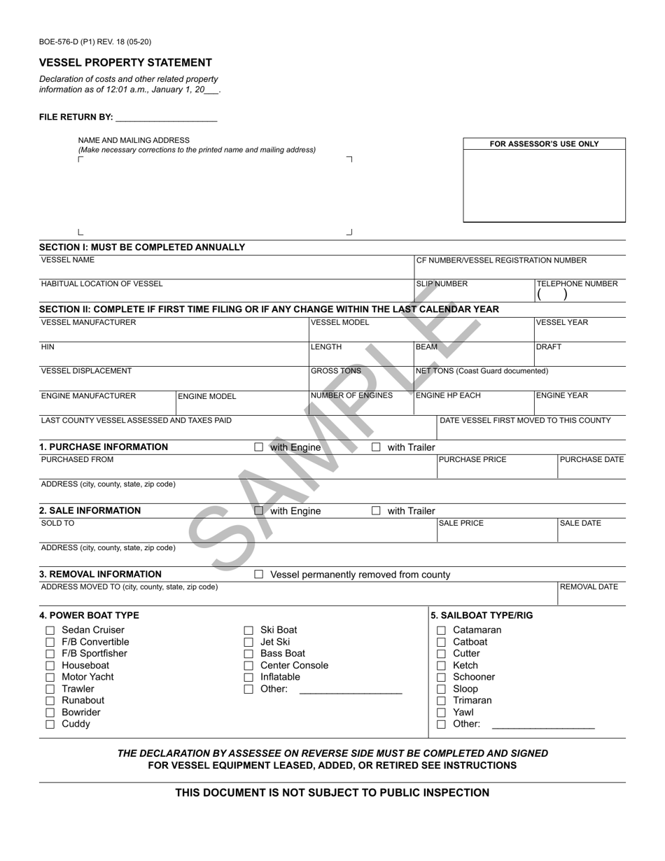 Form BOE-576-D Vessel Property Statement - Sample - California, Page 1