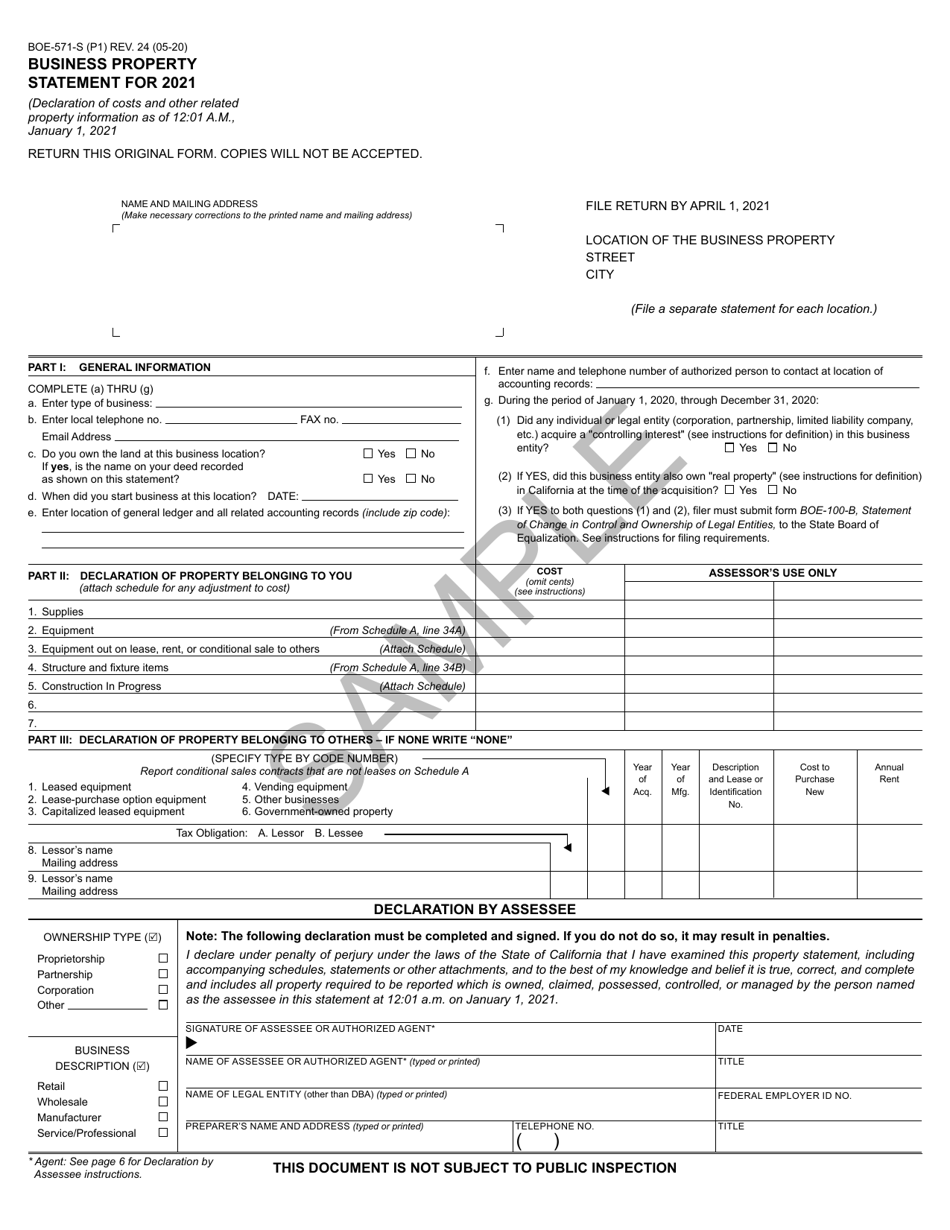 Form BOE-571-S Business Property Statement, Short Form - California, Page 1