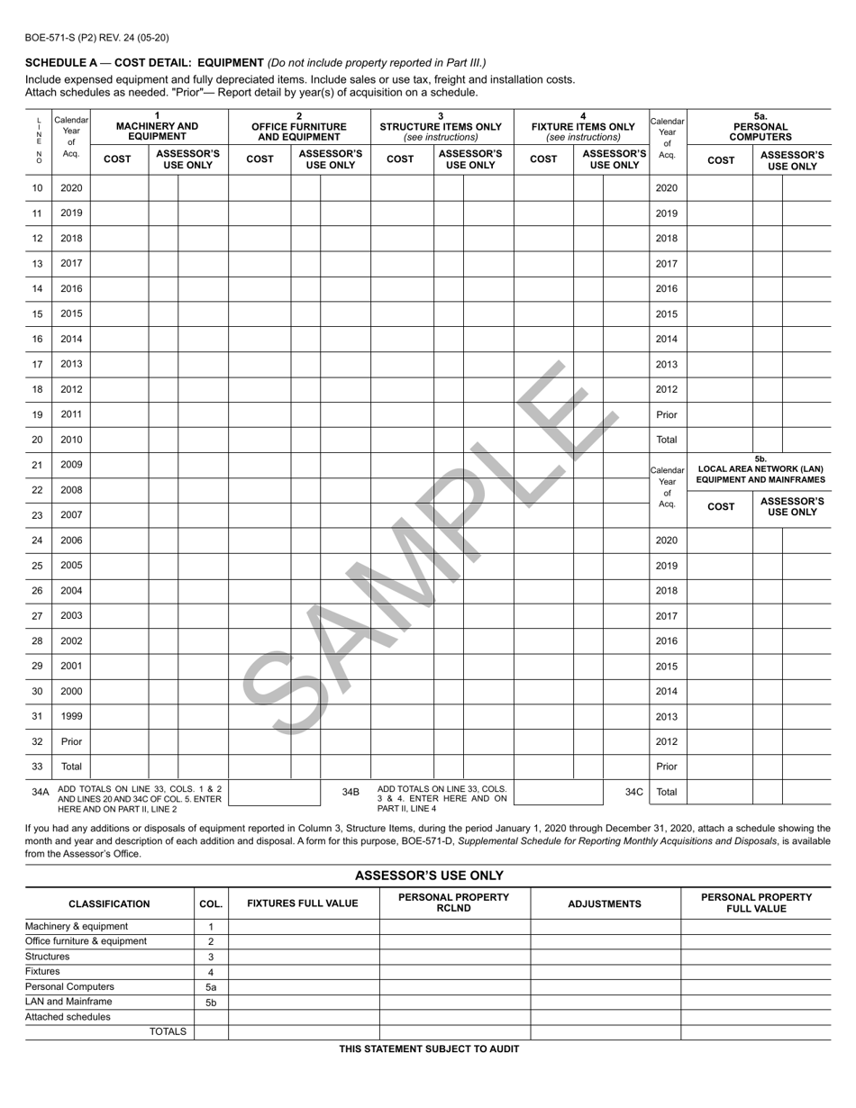 Form BOE-571-S Business Property Statement, Short Form - California, Page 2