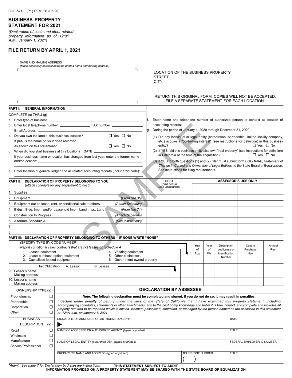 Form BOE-571-L Business Property Statement, Long Form - Sample - California, Page 1