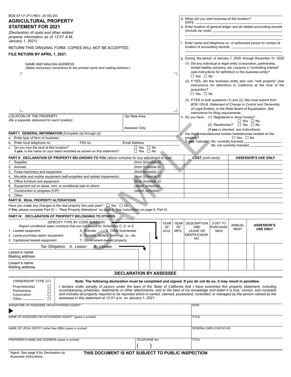 Form BOE-571-F Agricultural Property Statement - California, Page 1