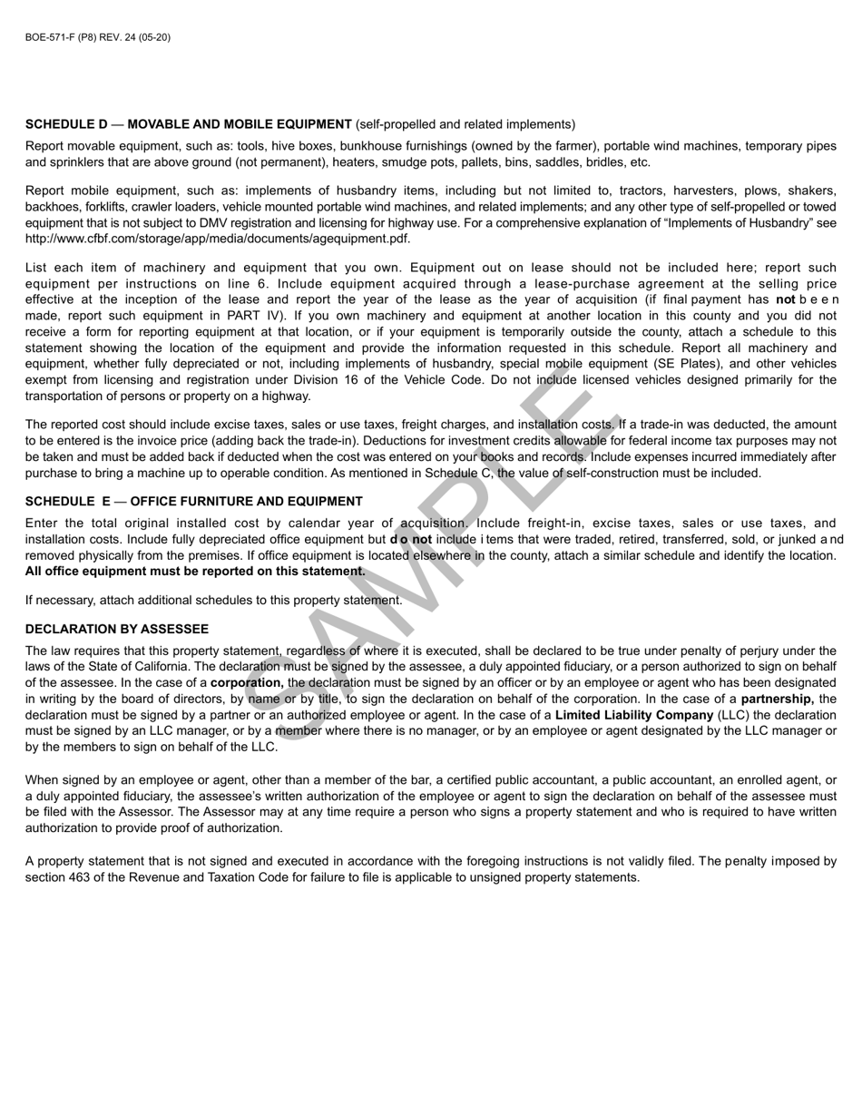 Form BOE-571-F Agricultural Property Statement - California, Page 8