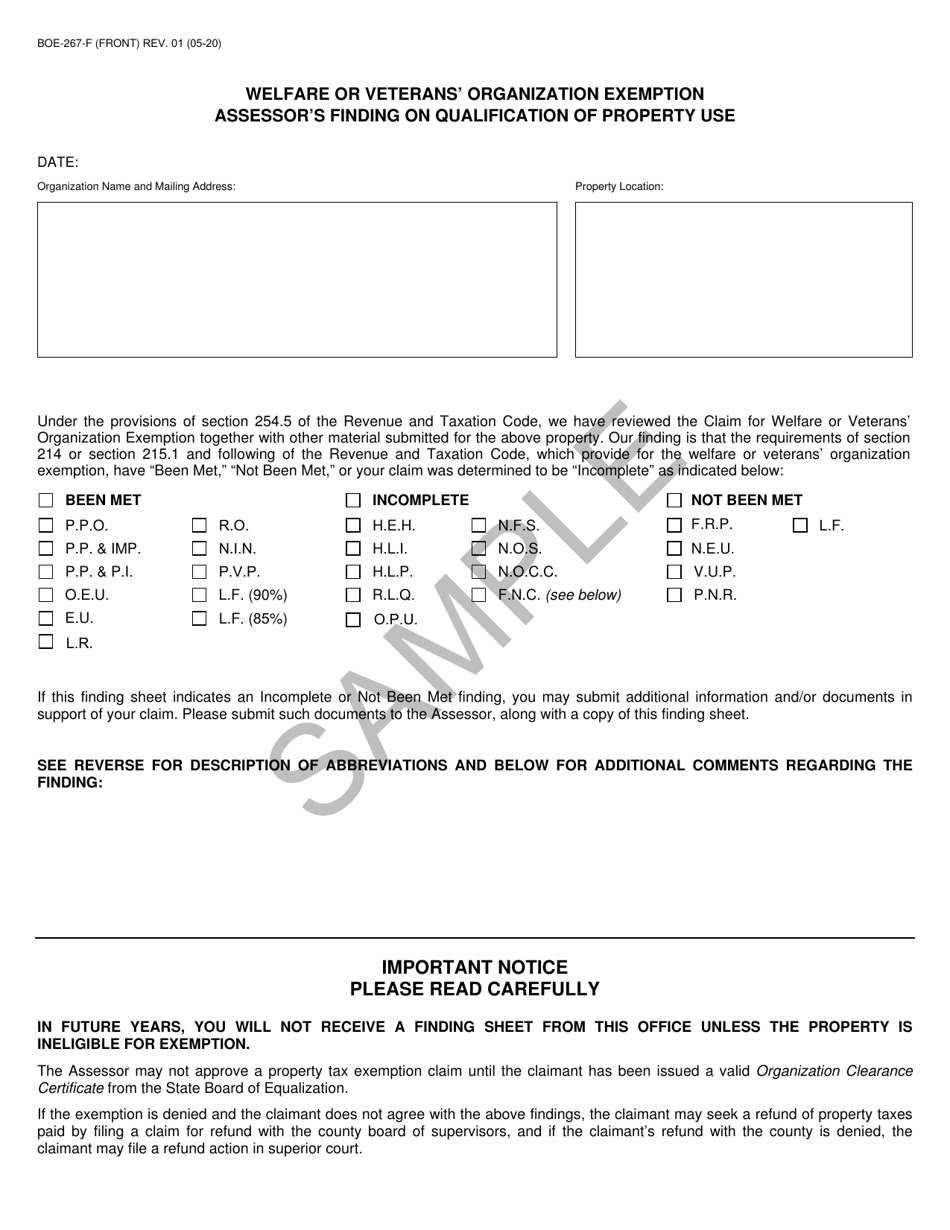 Form BOE-267-F Welfare or Veterans Organization Exemption Assessors Finding on Qualification of Property Use - California, Page 1