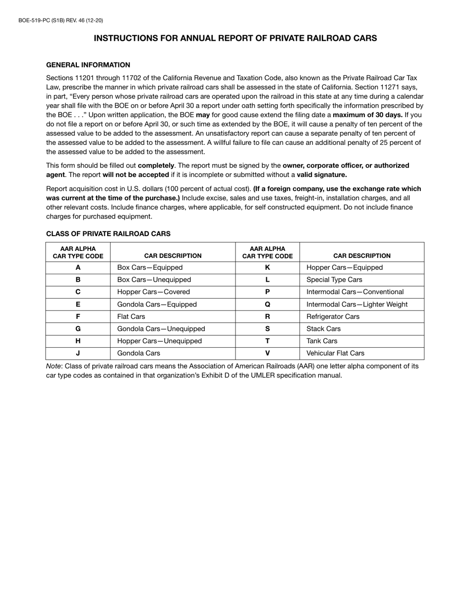 Form BOE-519-PC Annual Report of Private Railroad Cars - California, Page 2