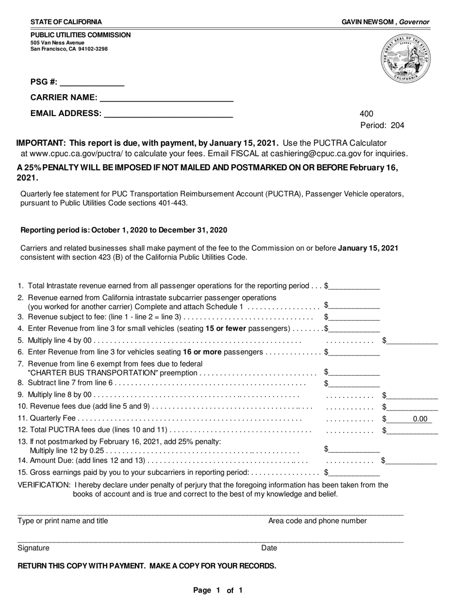 2020 California Puctra Individual Fee Statements Passenger Carrier