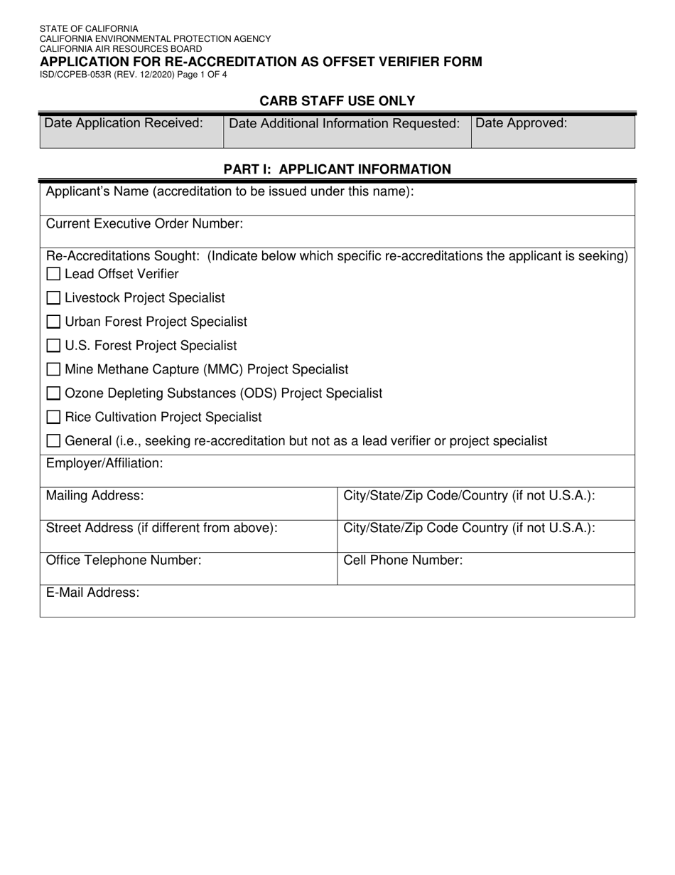 Form ISD / CCPEB-053R Application for Re-accreditation as Offset Verifier Form - California, Page 1