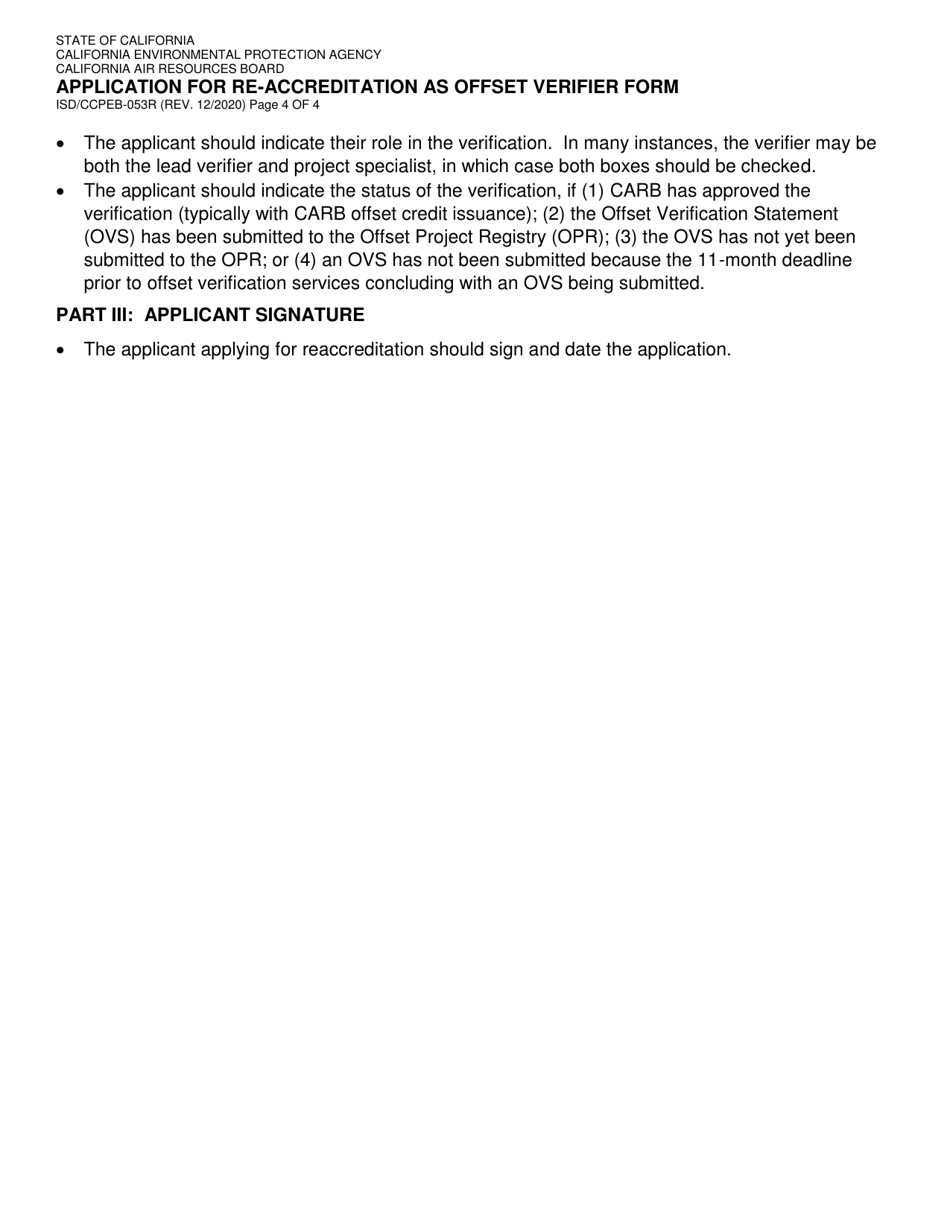 Form ISD / CCPEB-053R Application for Re-accreditation as Offset Verifier Form - California, Page 4