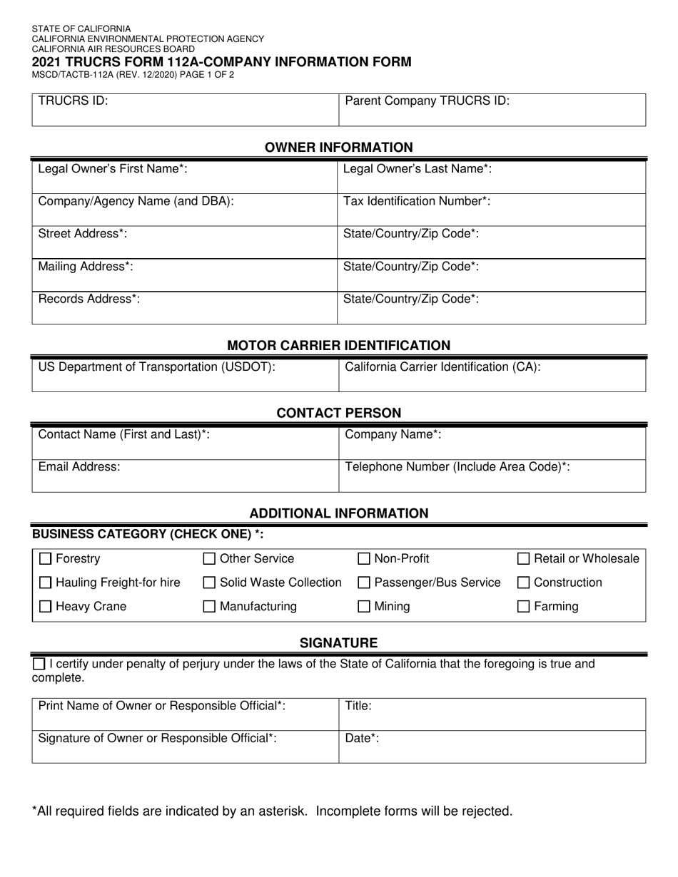 Form MSCD / TACTB-112A Company Information Form - California, Page 1