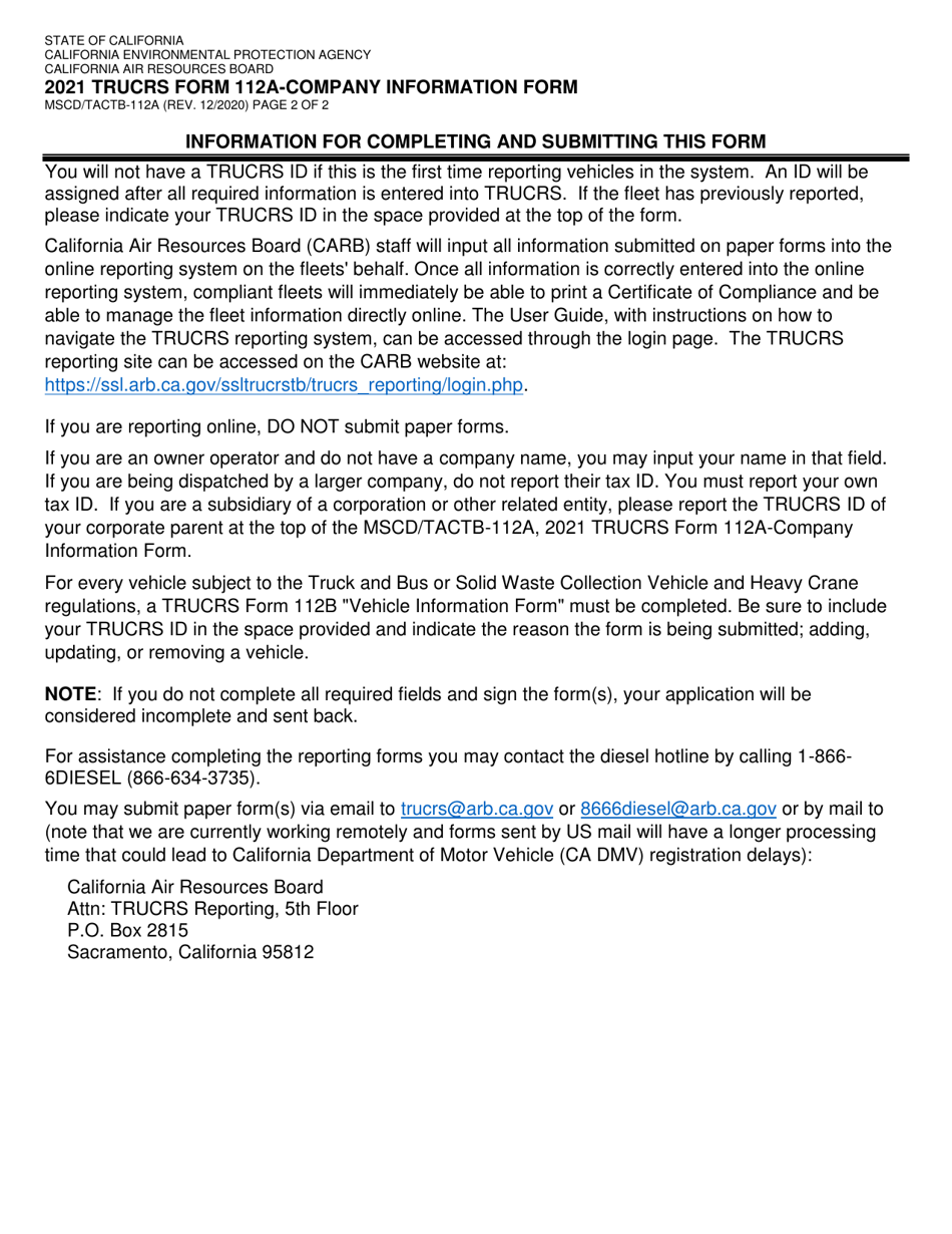 Form MSCD / TACTB-112A Company Information Form - California, Page 2