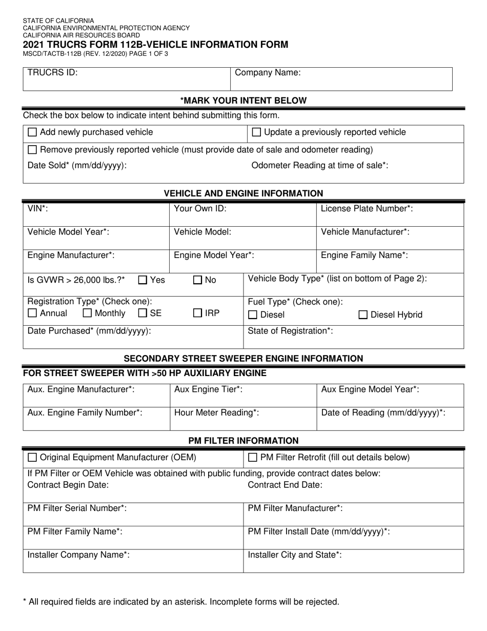 Form MSCD / TACTB-112B (TRUCRS Form 112B) Vehicle Information Form - California, Page 1