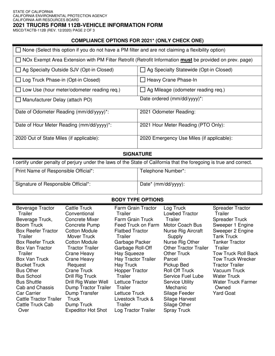 Form MSCD / TACTB-112B (TRUCRS Form 112B) Vehicle Information Form - California, Page 2
