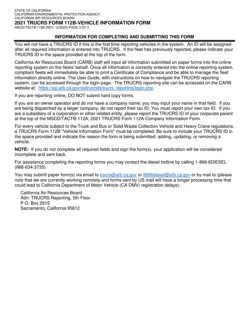Form MSCD / TACTB-112B (TRUCRS Form 112B) Vehicle Information Form - California, Page 3