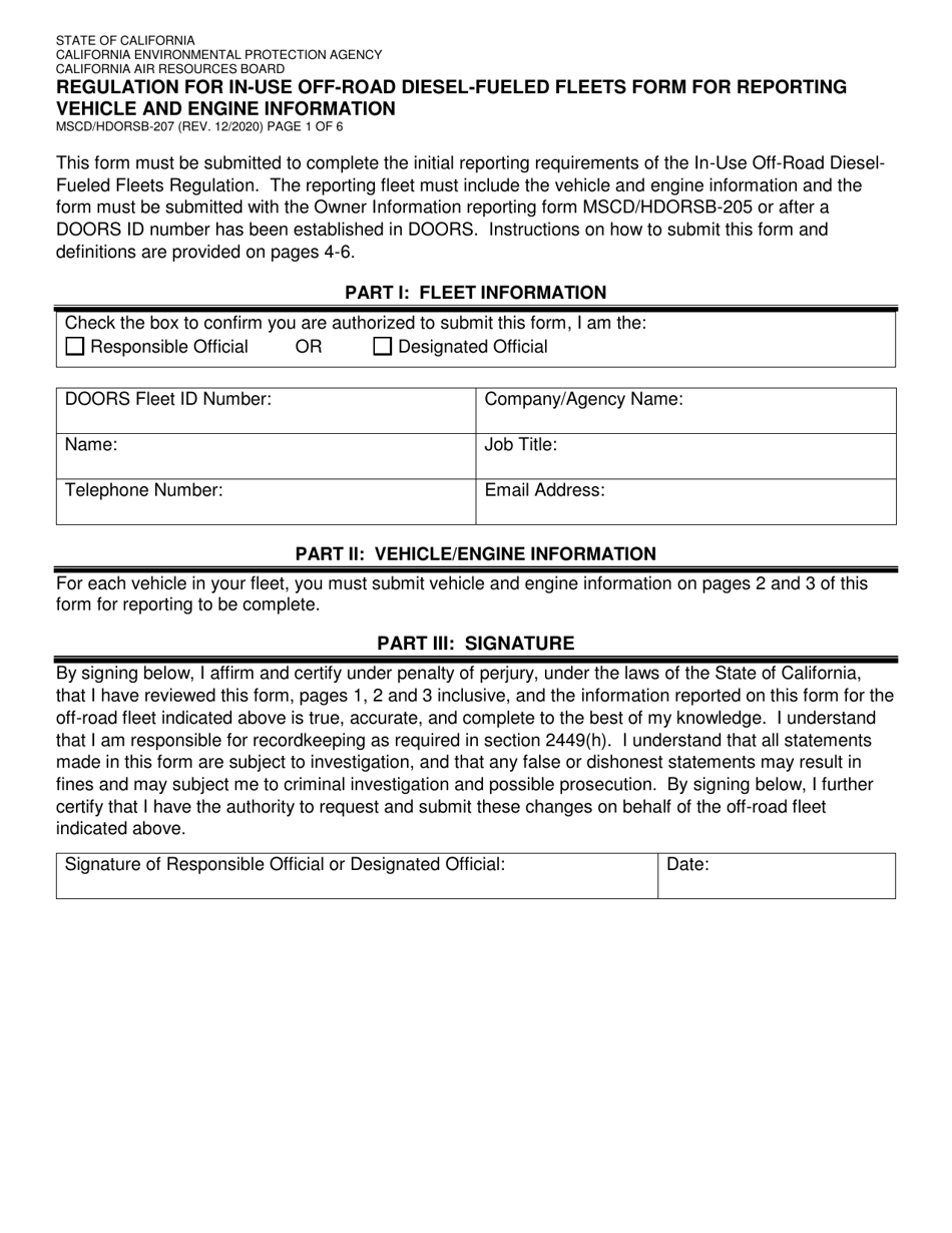 Form MSCD / HDORSB-207 Regulation for in-Use off-Road Diesel-Fueled Fleets Form for Reporting Vehicle and Engine Information - California, Page 1