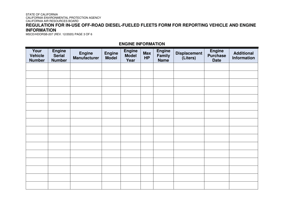 Form MSCD / HDORSB-207 Regulation for in-Use off-Road Diesel-Fueled Fleets Form for Reporting Vehicle and Engine Information - California, Page 3