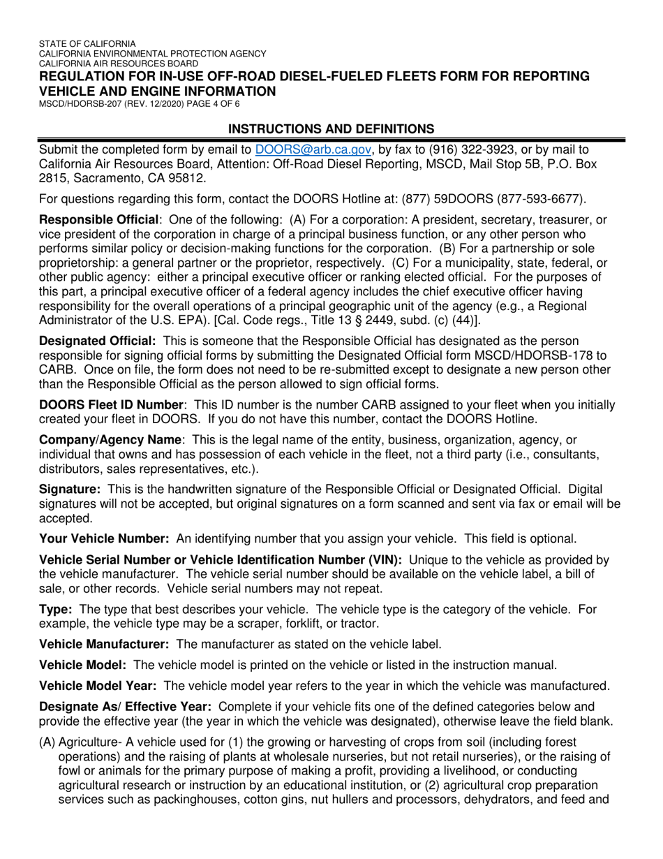 Form MSCD / HDORSB-207 Regulation for in-Use off-Road Diesel-Fueled Fleets Form for Reporting Vehicle and Engine Information - California, Page 4
