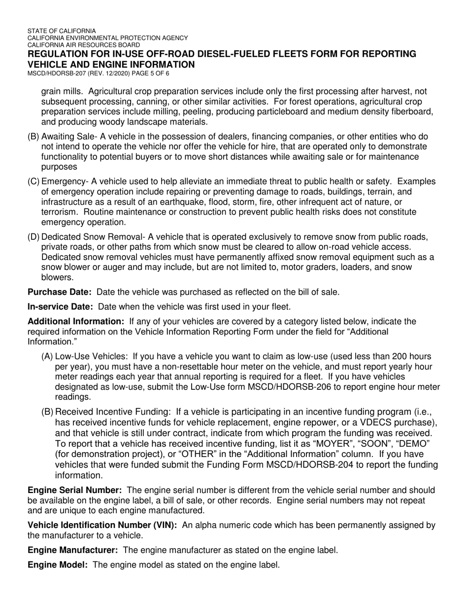 Form MSCD / HDORSB-207 Regulation for in-Use off-Road Diesel-Fueled Fleets Form for Reporting Vehicle and Engine Information - California, Page 5
