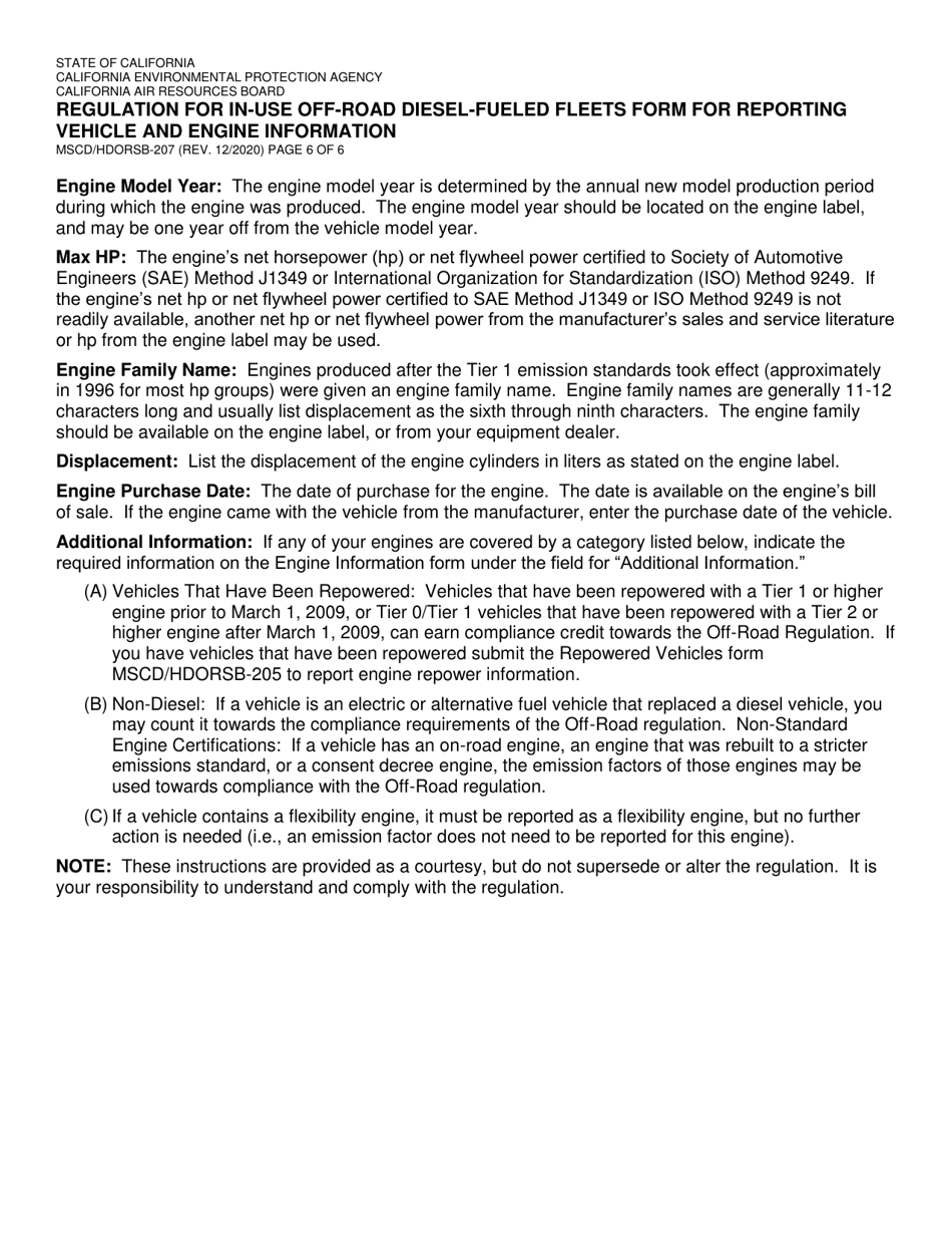 Form MSCD / HDORSB-207 Regulation for in-Use off-Road Diesel-Fueled Fleets Form for Reporting Vehicle and Engine Information - California, Page 6