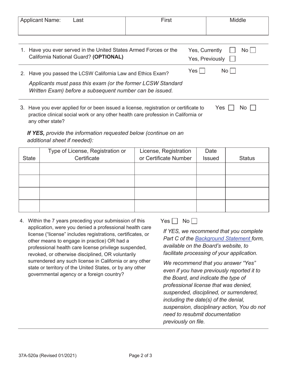 Form 37A-520A Application for Subsequent Associate Clinical Social Worker Registration - California, Page 4