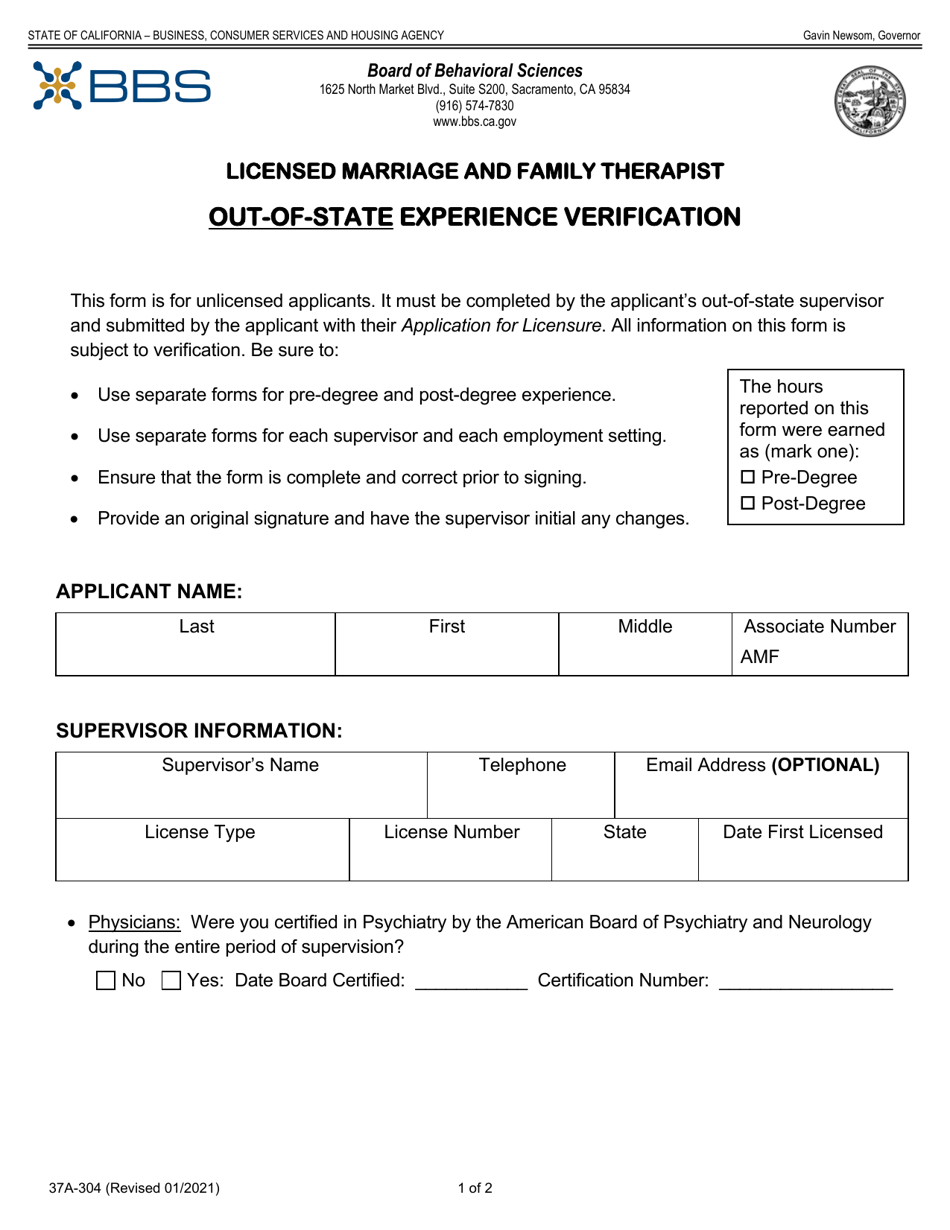 Form 37A-304 Licensed Marriage and Family Therapist Out-of-State Experience Verification - California, Page 1