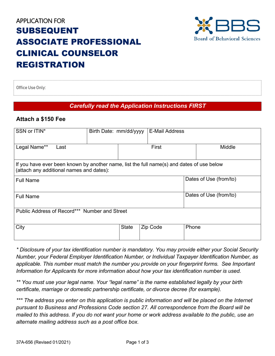 Form 37A-656 Application for Subsequent Associate Professional Clinical Counselor Registration - California, Page 3