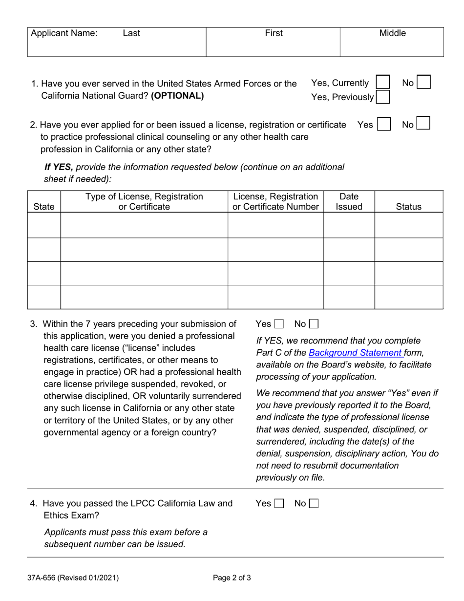 Form 37A-656 Application for Subsequent Associate Professional Clinical Counselor Registration - California, Page 4