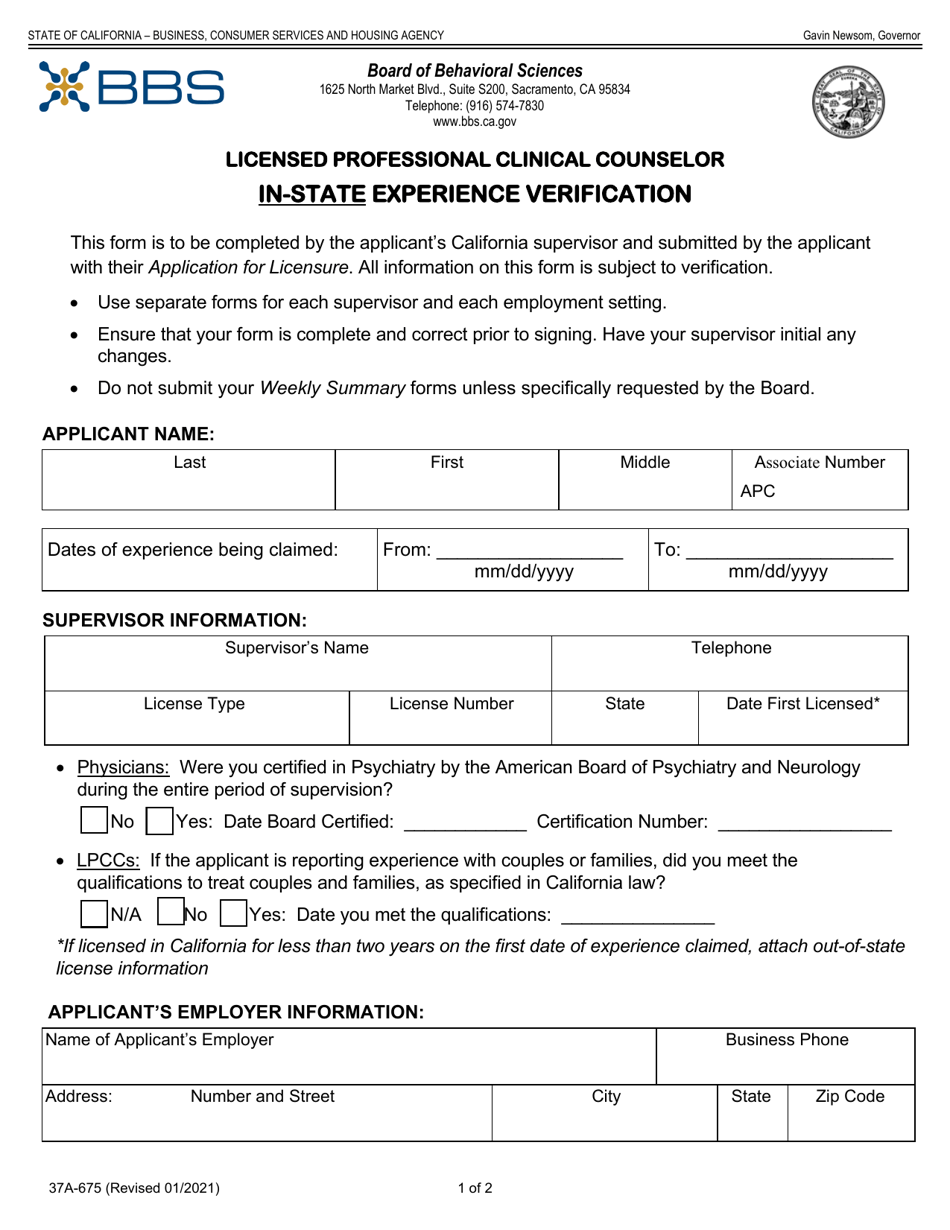 Form 37A-675 Associate Professional Clinical Counselor in-State Experience Verification - California, Page 1