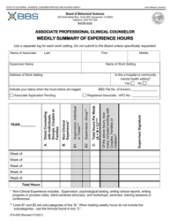 Document preview: Form 37A-638 Associate Professional Clinical Counselor Weekly Summary of Experience Hours - California