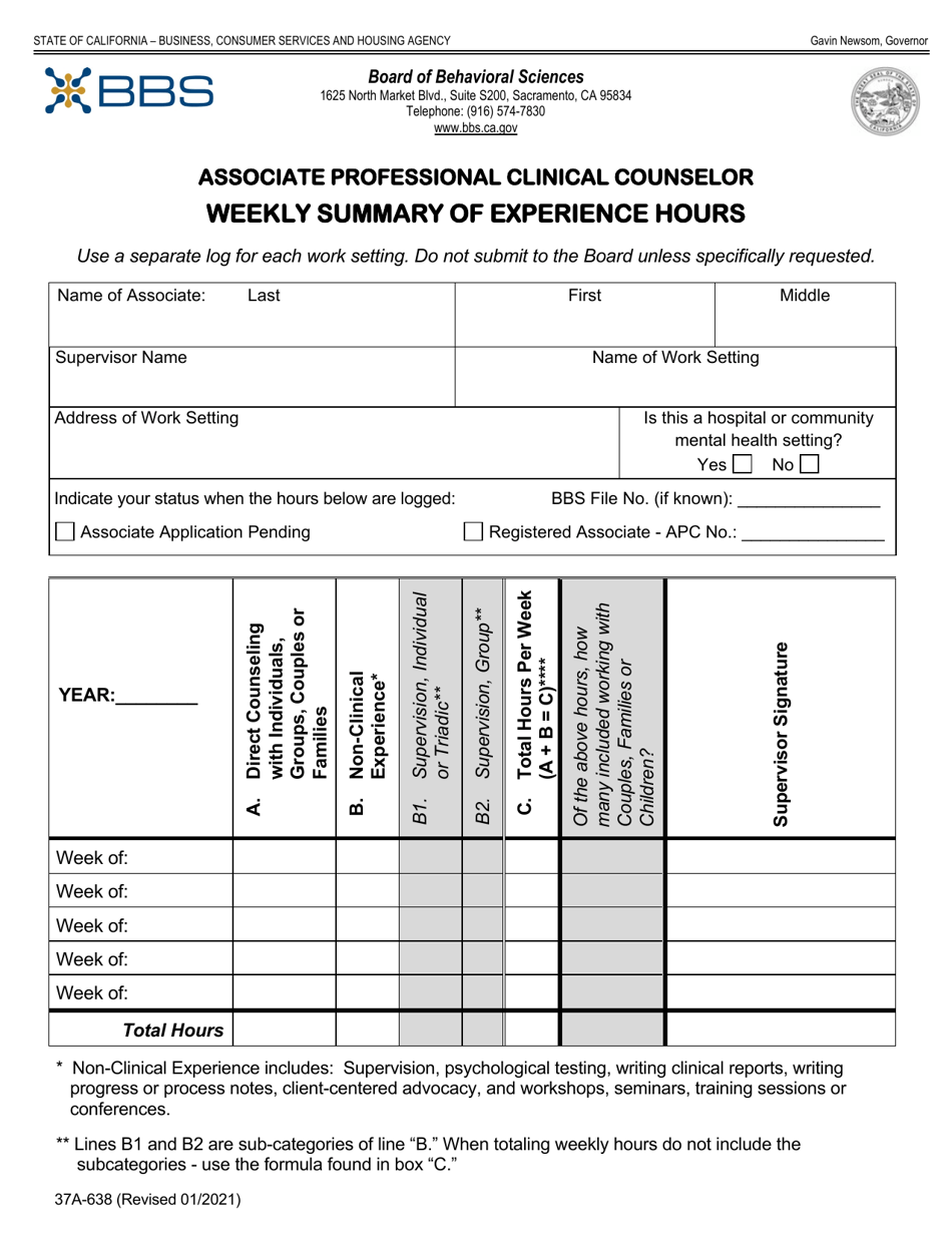 Form 37A-638 Associate Professional Clinical Counselor Weekly Summary of Experience Hours - California, Page 1