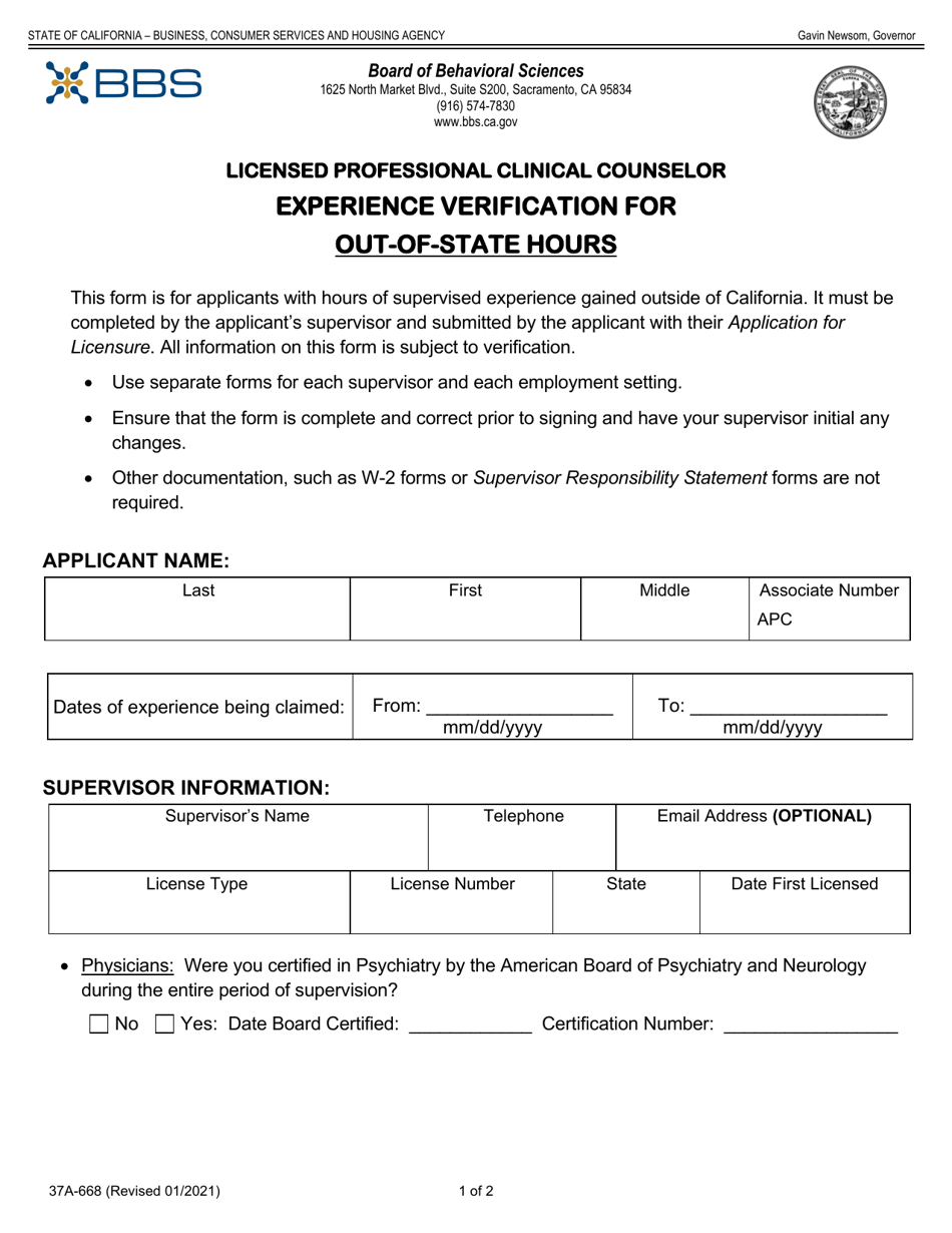 Form 37A-668 Licensed Professional Clinical Counselor Experience Verification for Out-of-State Hours - California, Page 1