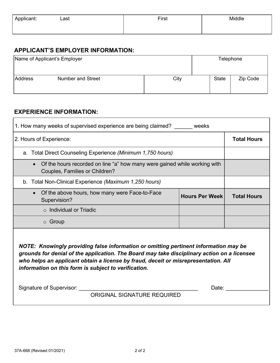 Form 37A-668 Licensed Professional Clinical Counselor Experience Verification for Out-of-State Hours - California, Page 2